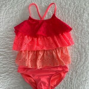 girls SO 6/6x neon coral Ruffled Swimsuit tankini